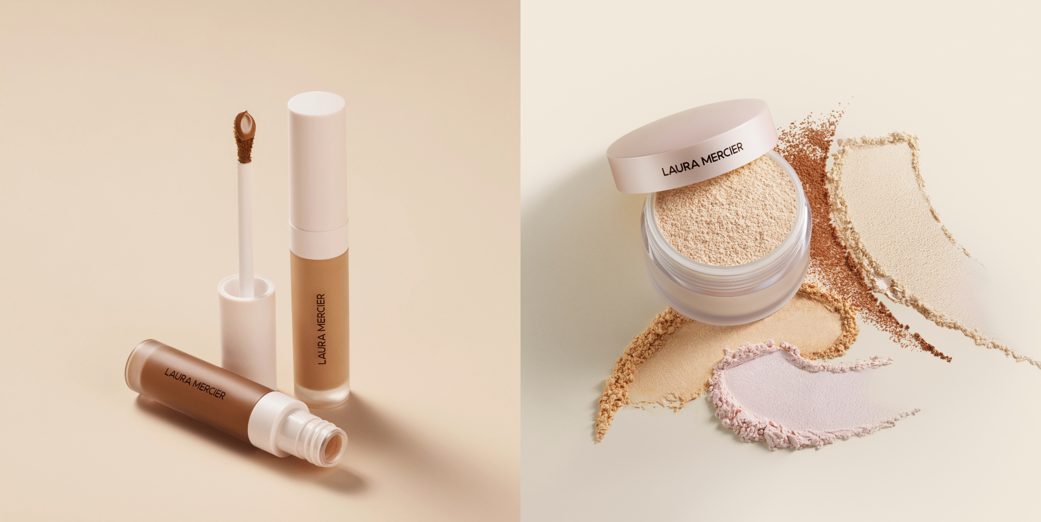 Laura Mercier Real Flawless Concealer next to image of Translucent Loose Setting Powder