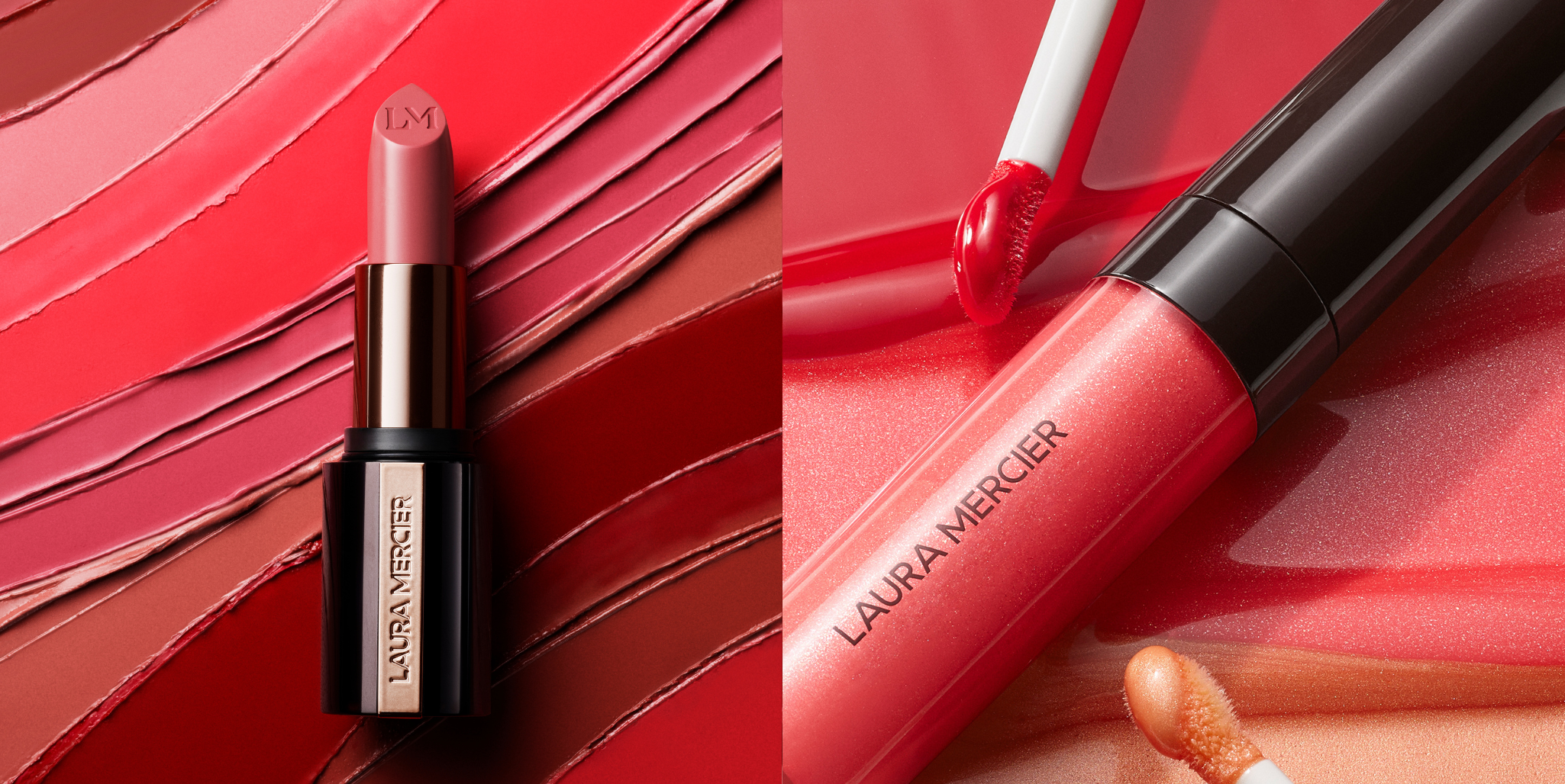 Stylized image of a pink Laura Mercier Caviar Hydra-Creme Lipstick next to stylized image of Laura Mercier Lip Glace with swatch.